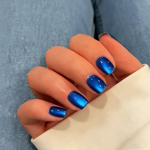 Cat Eye Press On Nails Short – 30 Pcs Glitter Royal Blue – Sapphire