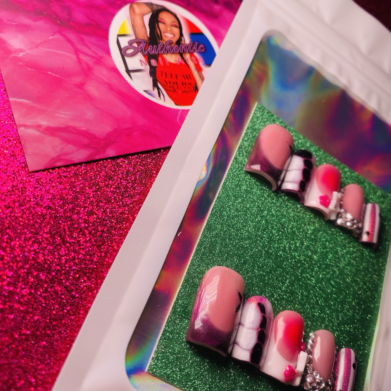 Square Press-On Nails Pink Black 3D Shiny Star by Authentic Nail Arts