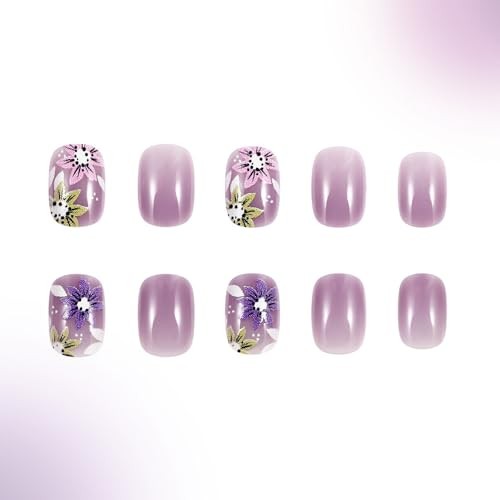 Purple Press on Nails Fake Nails with Yellow Short Square Yellow Pink Purple