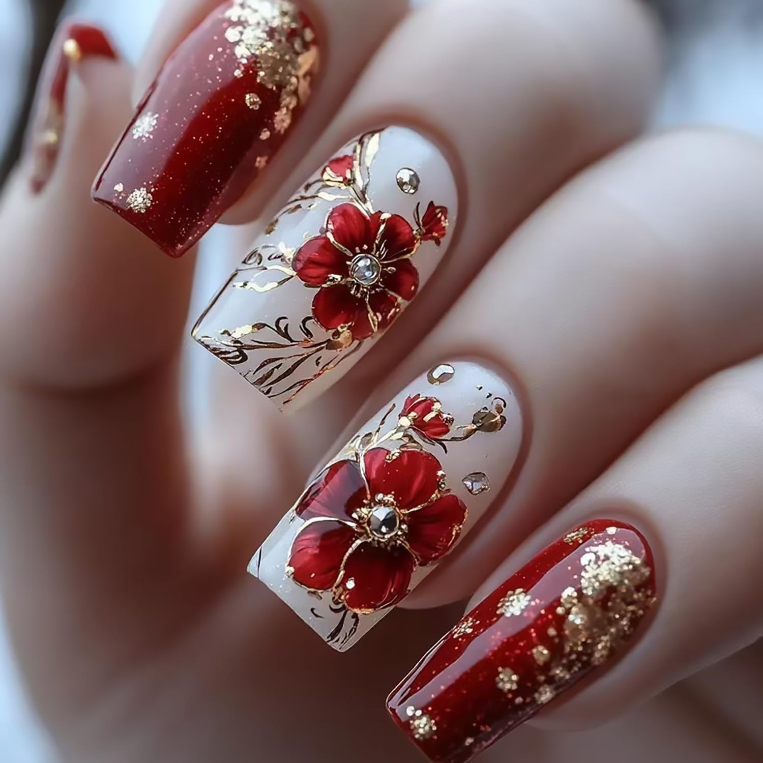 Red Flowers Press on Nails Medium Square Fake Nail with Rhinestones Gold Foil…