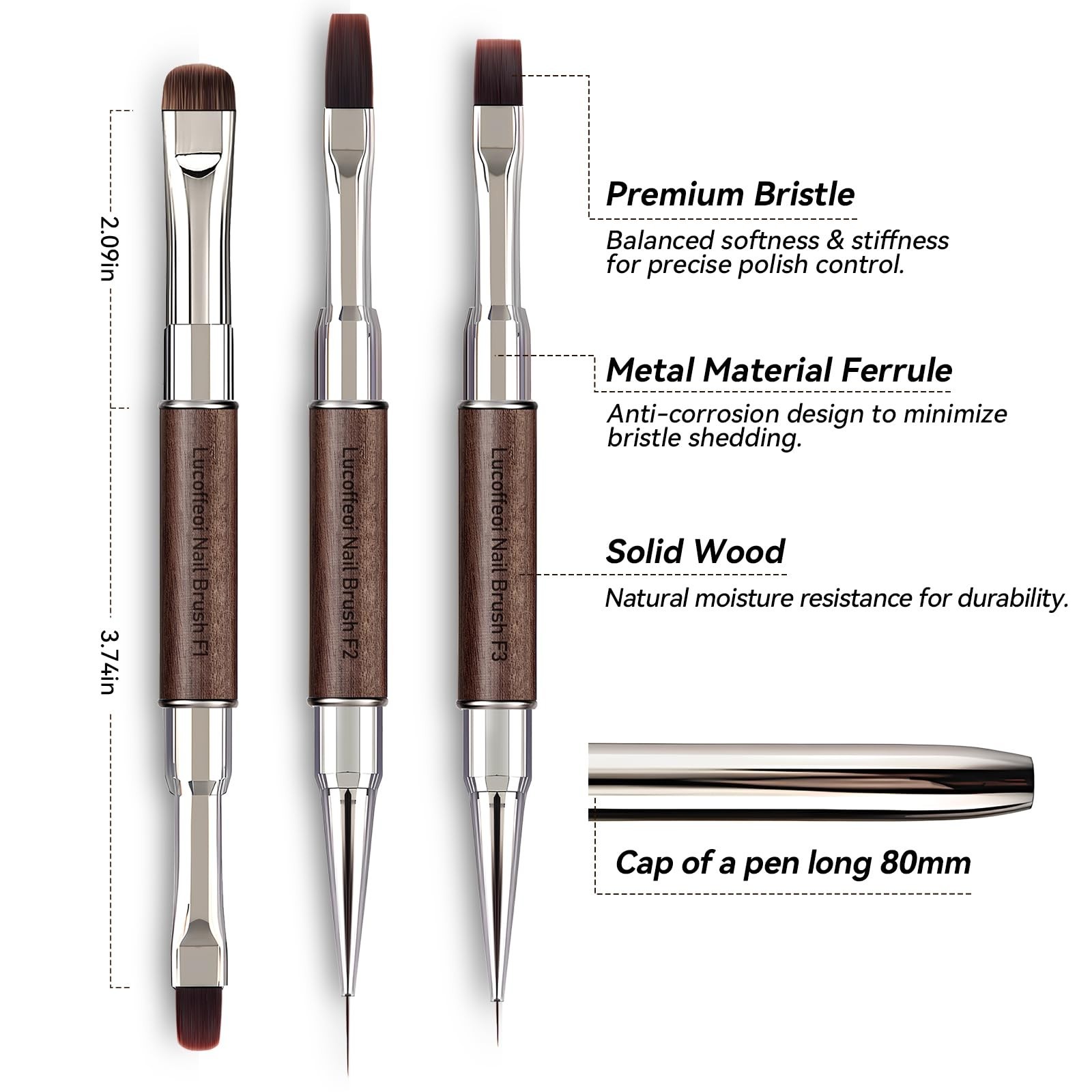 3Pcs Dual-End Nail Art Brushes Set – Builder Gel, Flat/Oval/Angled Tips, Clean U