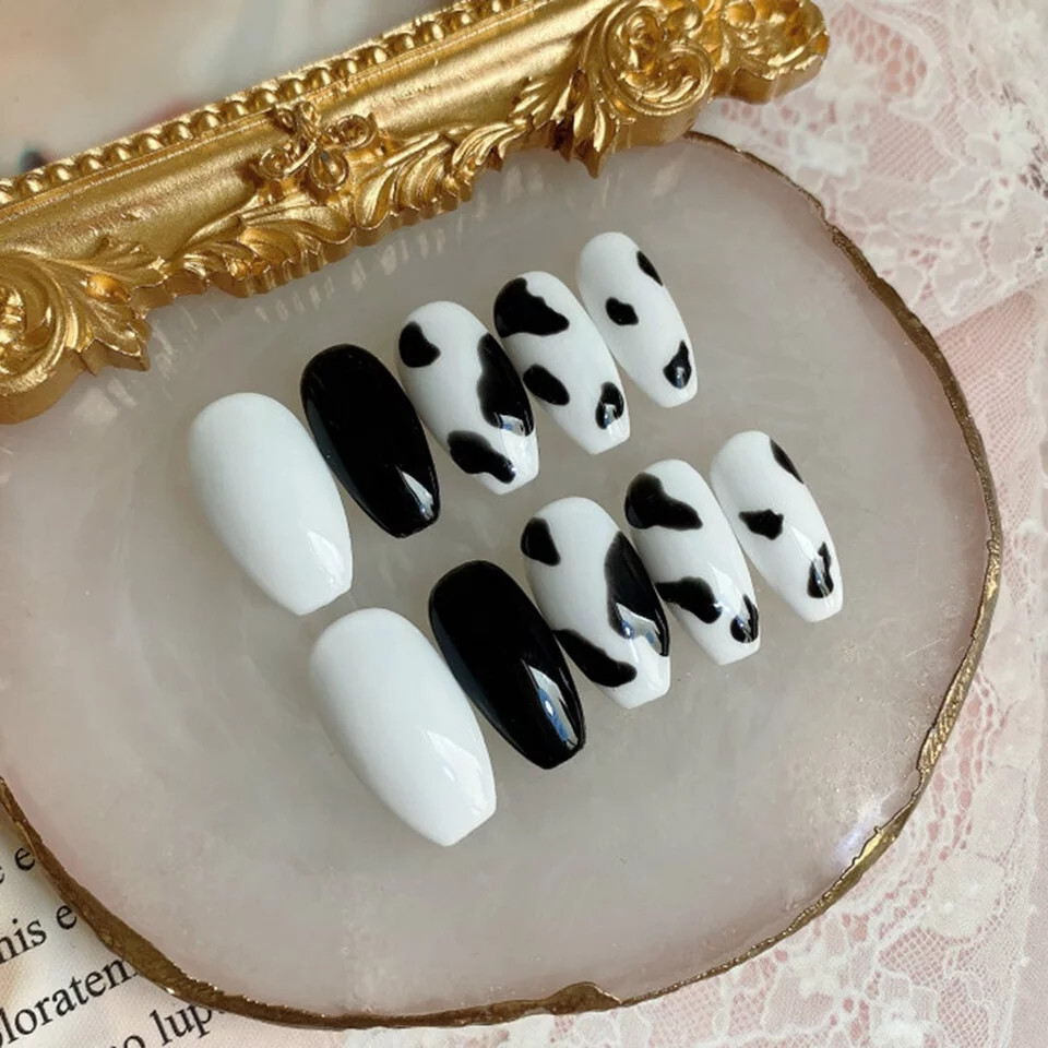 New 24 Press On Nails Kit w glue medium Cow print black white coffin