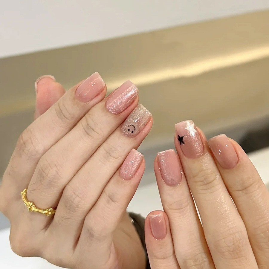 48 Pcs Star Smiley Press on Nails, Short Square Pink Cat Eye Daily Fake Nails