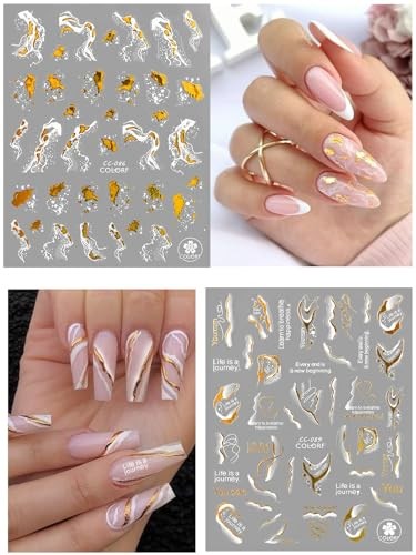 12 Sheets Nail Art Stickers Decals, Self-Adhesive White White Gold Marble Wave