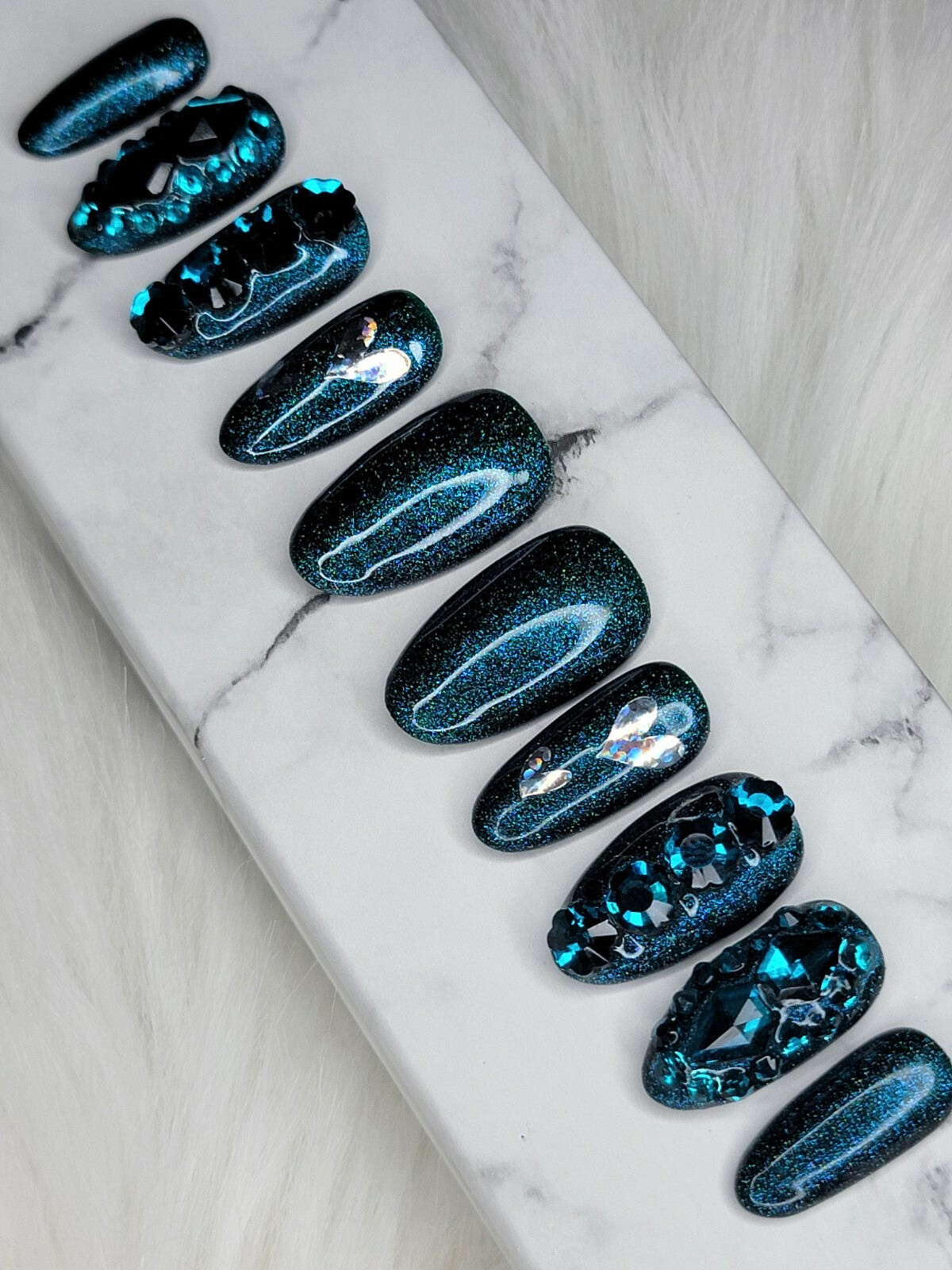 Dark green teal nails bling medium natural oval press on nails apres tips hearts