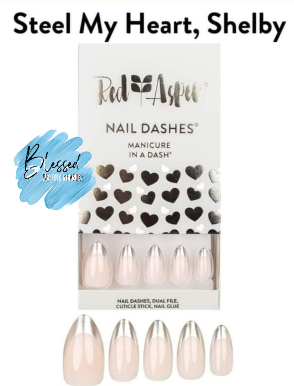 Red Aspen Press On Nails~Steel My Heart, Shelby~Almond~Chrome~ Silver ~French