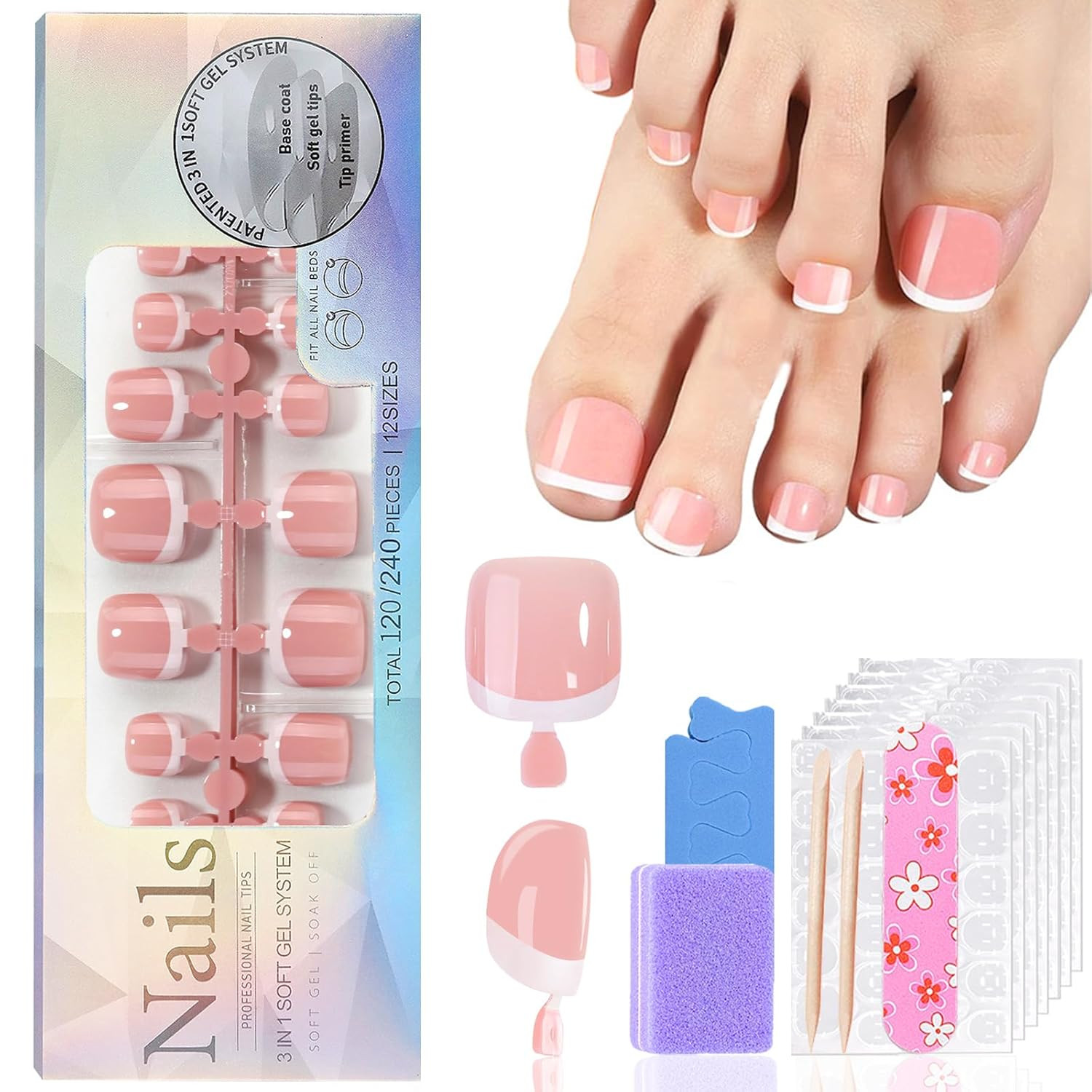 Press on Toenails French Tip Toe Nails 120Pcs Soft Gel X Toe Nail Tips Short Toe