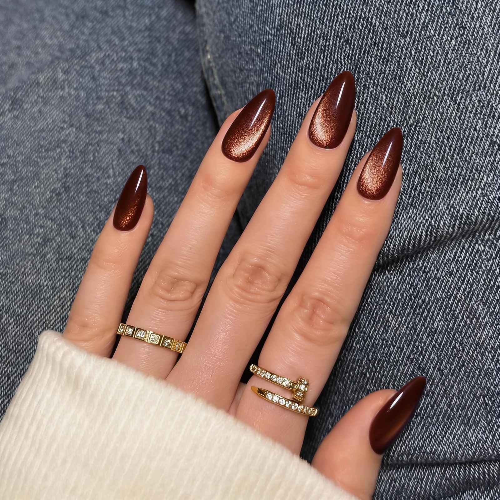 SXVME 30 Pcs Glitter Cat Eye Press on Nails Almond Medium – Red Brown Fake Na…