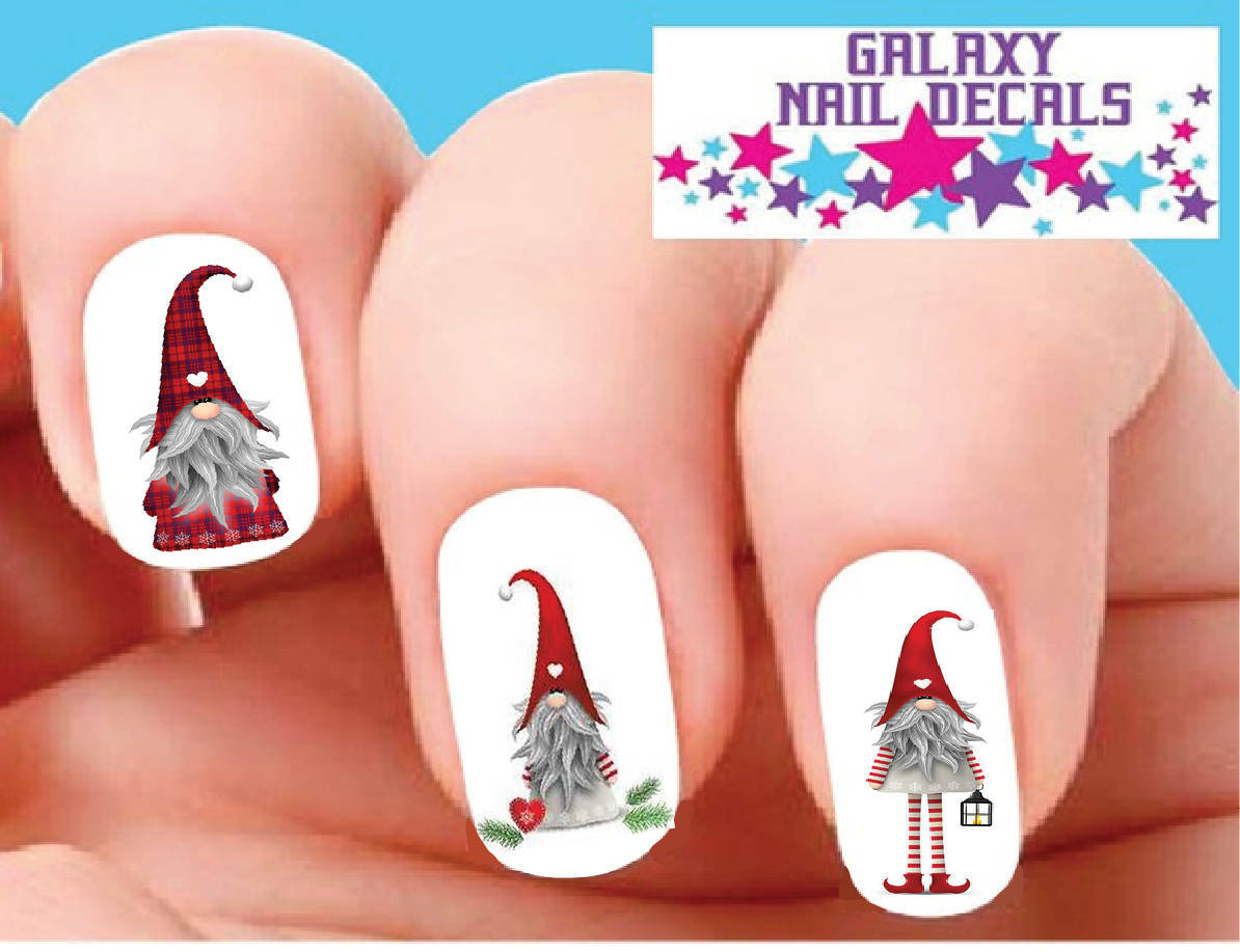 Waterslide Nail Decals – Set of 20 Holiday Gnomes Red Plaid with Hearts Assorted