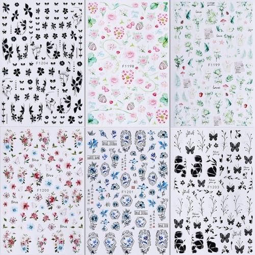 6 Pcs Flower Nail Stickers 3D Self-Adhesive Black Butterfly Nail Art