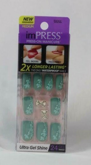 Impress Gel Manicure Press on Nails Medium Soft green floral with white bow tie