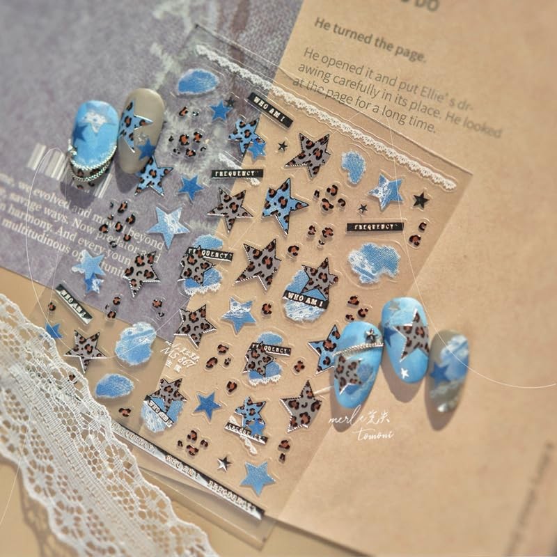 Denim Nail Stickers for Nail Art, Star Leopard Nail Decals 5D Embossed Blue