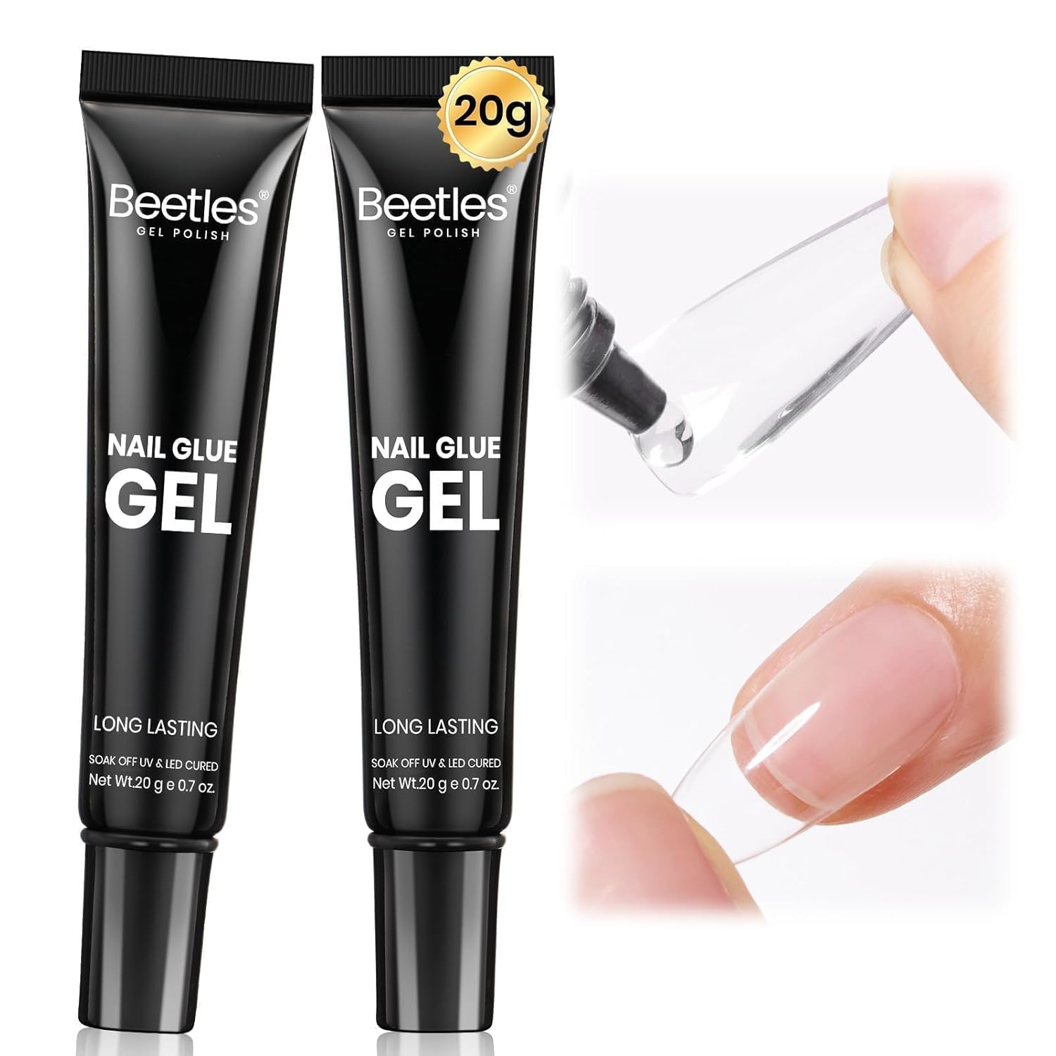 Beetles 2Pcs*20G Solid Nail Glue Gel, Tipex Soft Nail Tips Glue Super Strong for