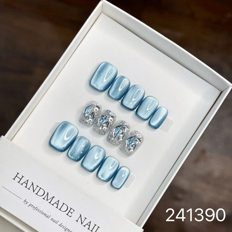 10Pcs Handmade Squoval Nails, Glitter Sequins, Elegant for Party & Daily Use