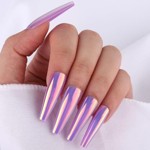 Chrome Press on Nails Purple Fluorescent Coffin False Nails Laser Chrome-13