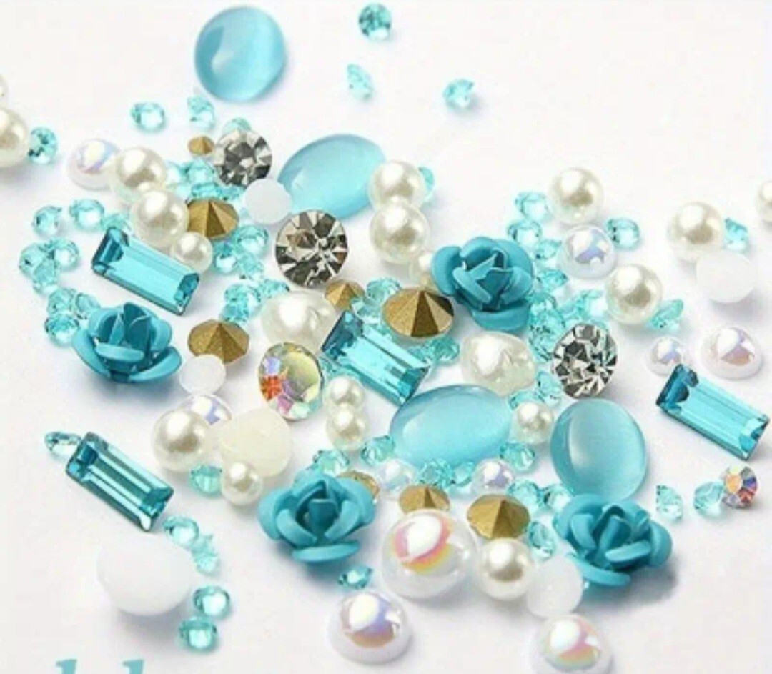 2 Lots 3D Nail Art Charms Flowers Crystal Rhinestones Pearls Purple Teal Blue