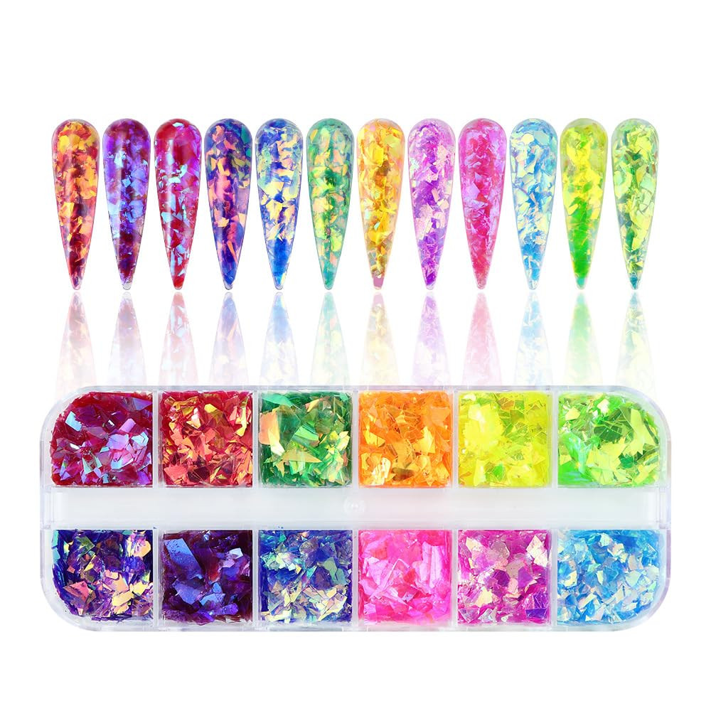 12Grids Holographic Mermaid Colorful Nail Art Glitter,Irregular Rainbow Candy Co
