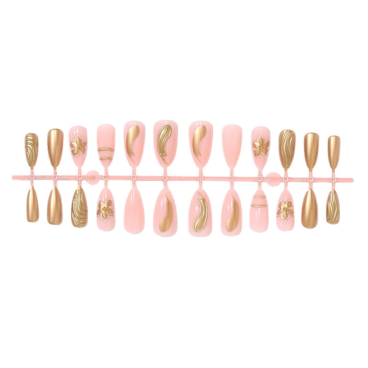 24Pcs Gold Flower Press on Nails Medium Almond Fake Nails Gold Chrome Full Cover