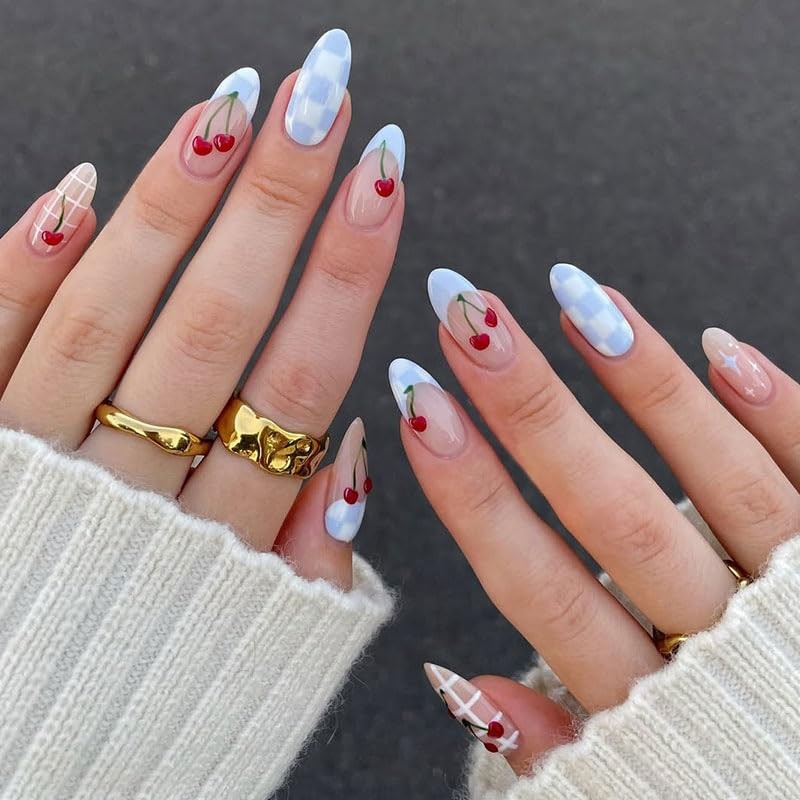 24Pcs Lattice Press on Nails Medium Almond Fake Nails with Cherry Design Glue…