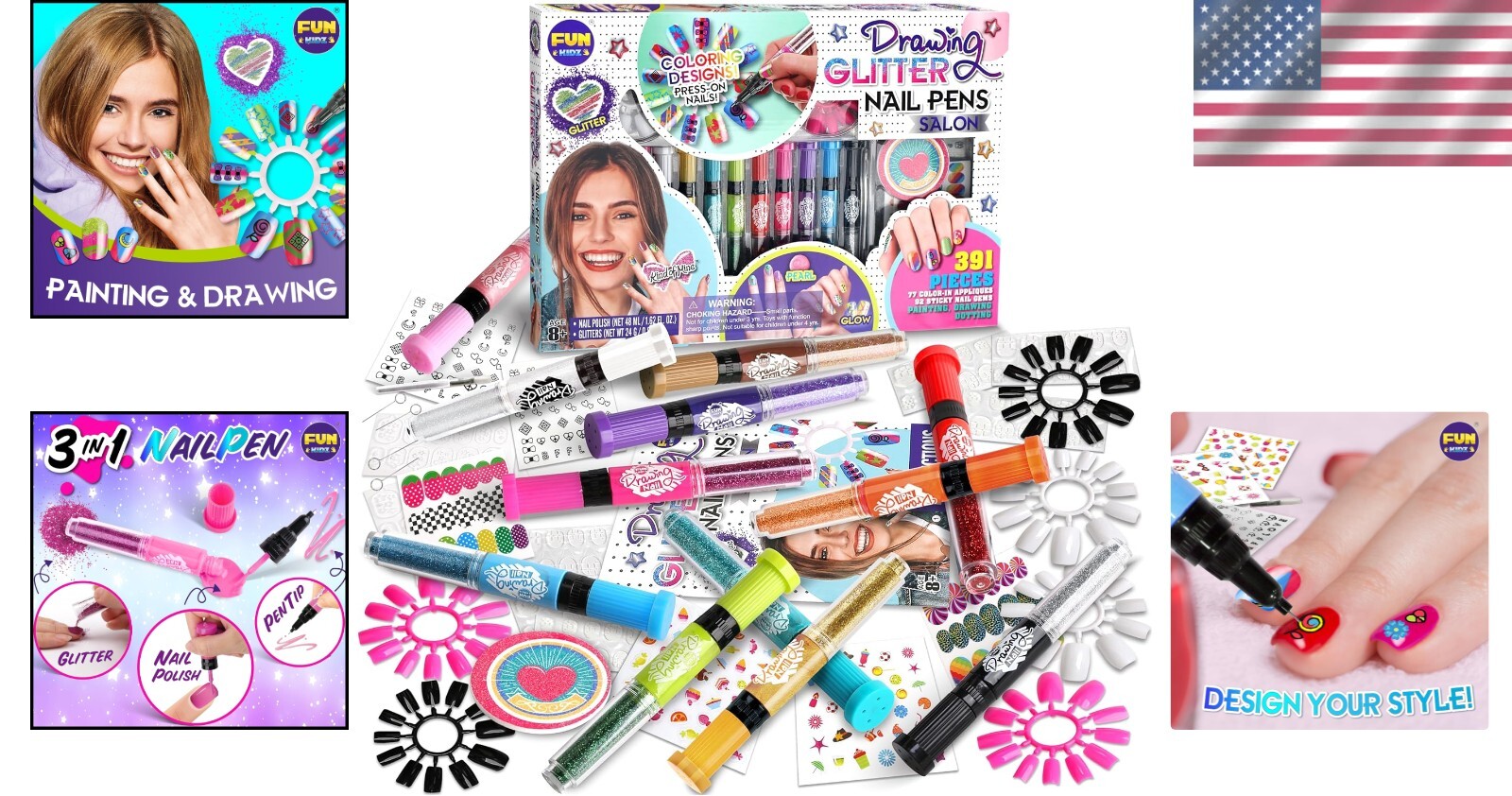 Girls 8-12 Nail Art Combo with 120 Fake Nails and Glitter Pens – Fun DIY Set