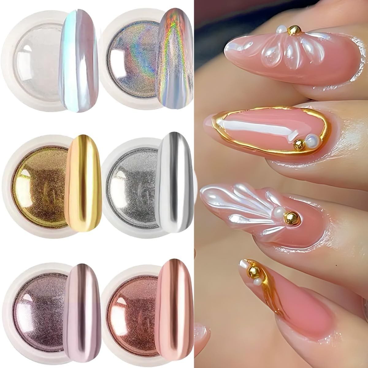 Chrome Nail Powder Set, 6 Colors Metallic Gold Silver Rose Pink White Mirror …
