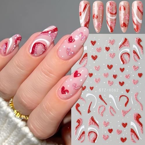 6pcs Glitter Heart Nail Stickers for Women – Valentine’s Day Nail Art Stickers