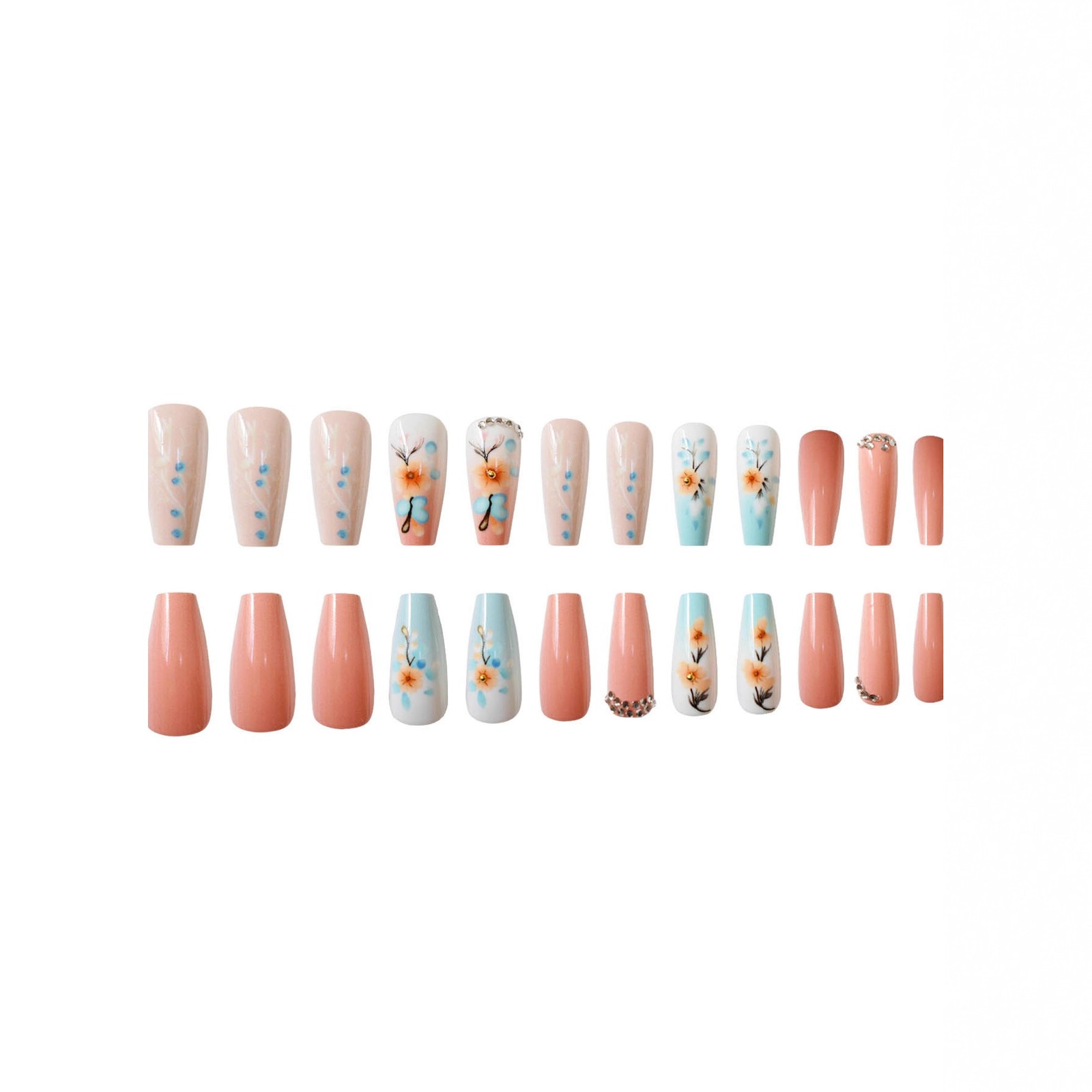 24PCS Sweet Cool 3D Floral Coffin Rhinestone Contrast Ballet Short Press On Nail