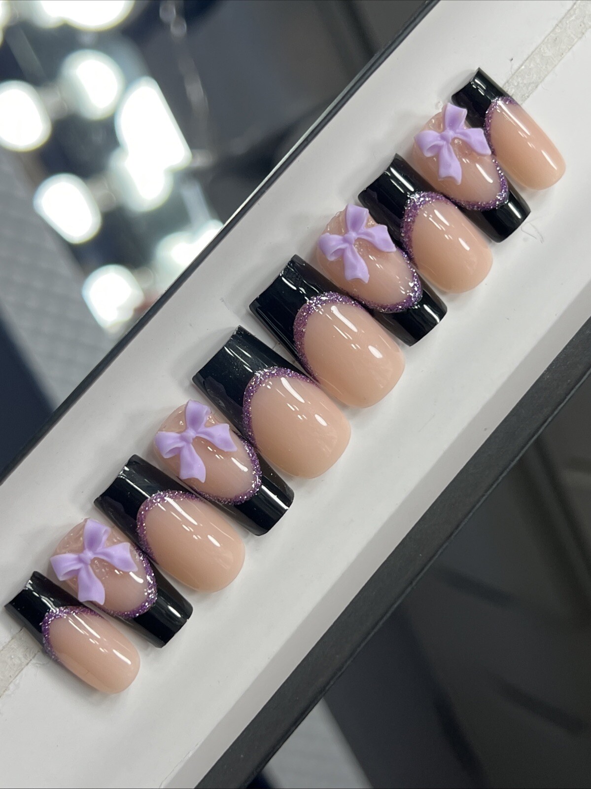 💜🖤 CUSTOM Press On Nails FRENCH BLACK PURPLE BOW BLING 10p SET W Kit
