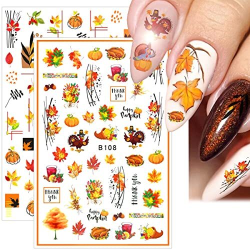 12 Sheets Fall Nail Art Stickers 3D Autumn Leaves Nail Decals Self-Adhesive A2