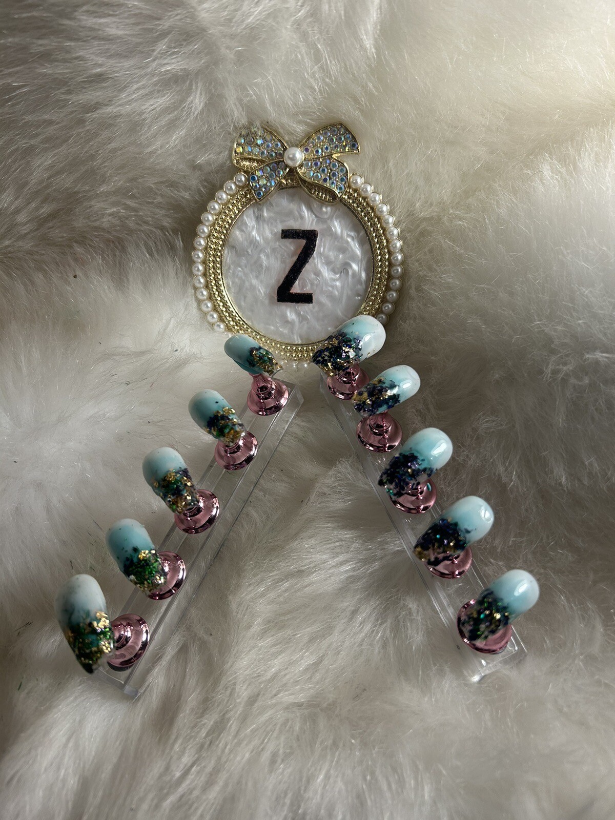 Z NAILZ! Handmade M Coffin Milky White W/ Mardi Gras Metallic Flakes Press Ons