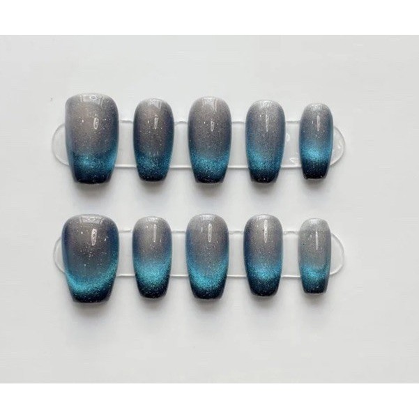 Nailsalon Cat Eye Press On Nails Medium Coffin Glitter Ombre Blue Black 10 Nails