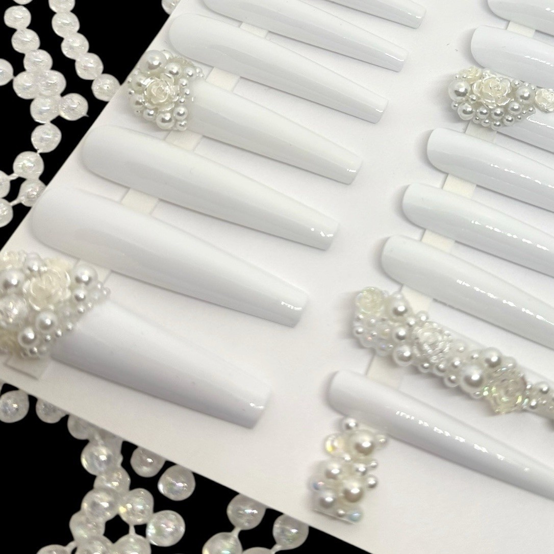 Handmade Custom Press on Nails 2X Long Coffin Wedding White Pearls & Roses Nails