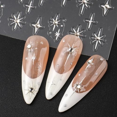 Holographic Gold Star Nail Stickers with 5D Embossed Rhinestones & Laser