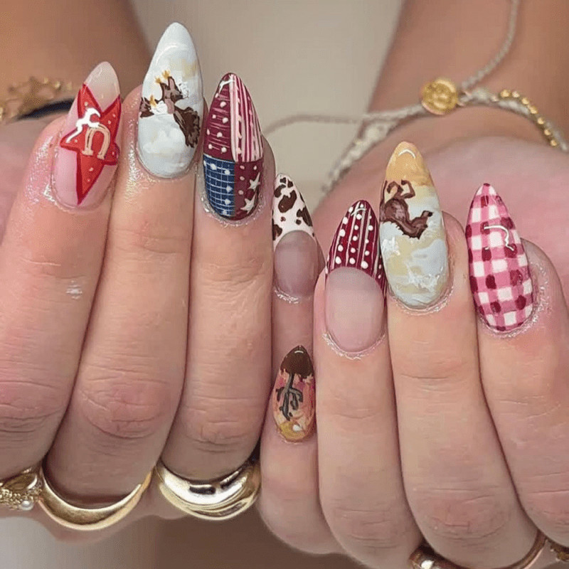 48Pcs-Long Almond Western Cowboy Plaid Star Cow Print Fake Press on Nails Set
