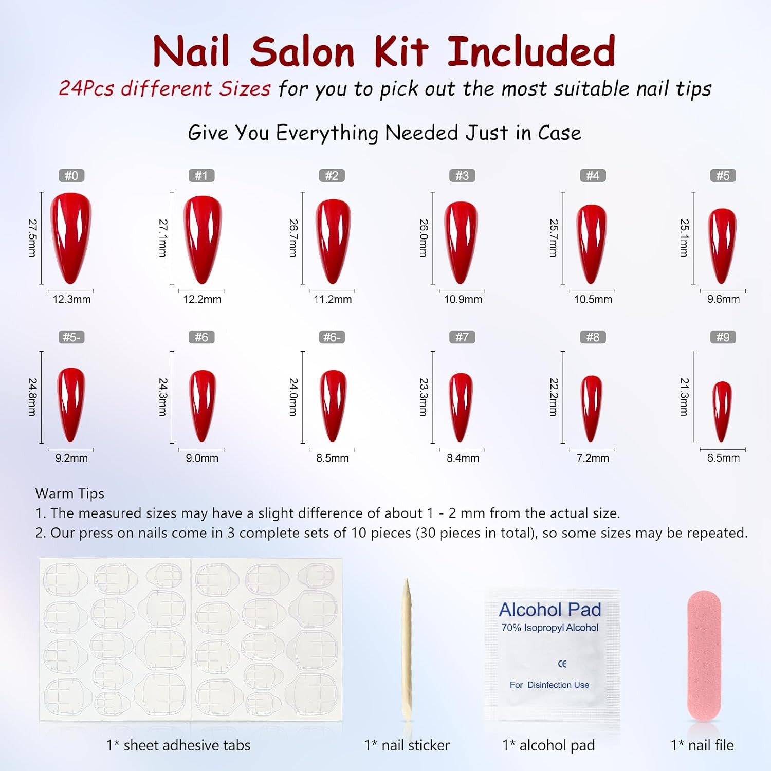 Glossy Red Press on False Nails Medium Long Stiletto Fake Nails Salon Nail Art T