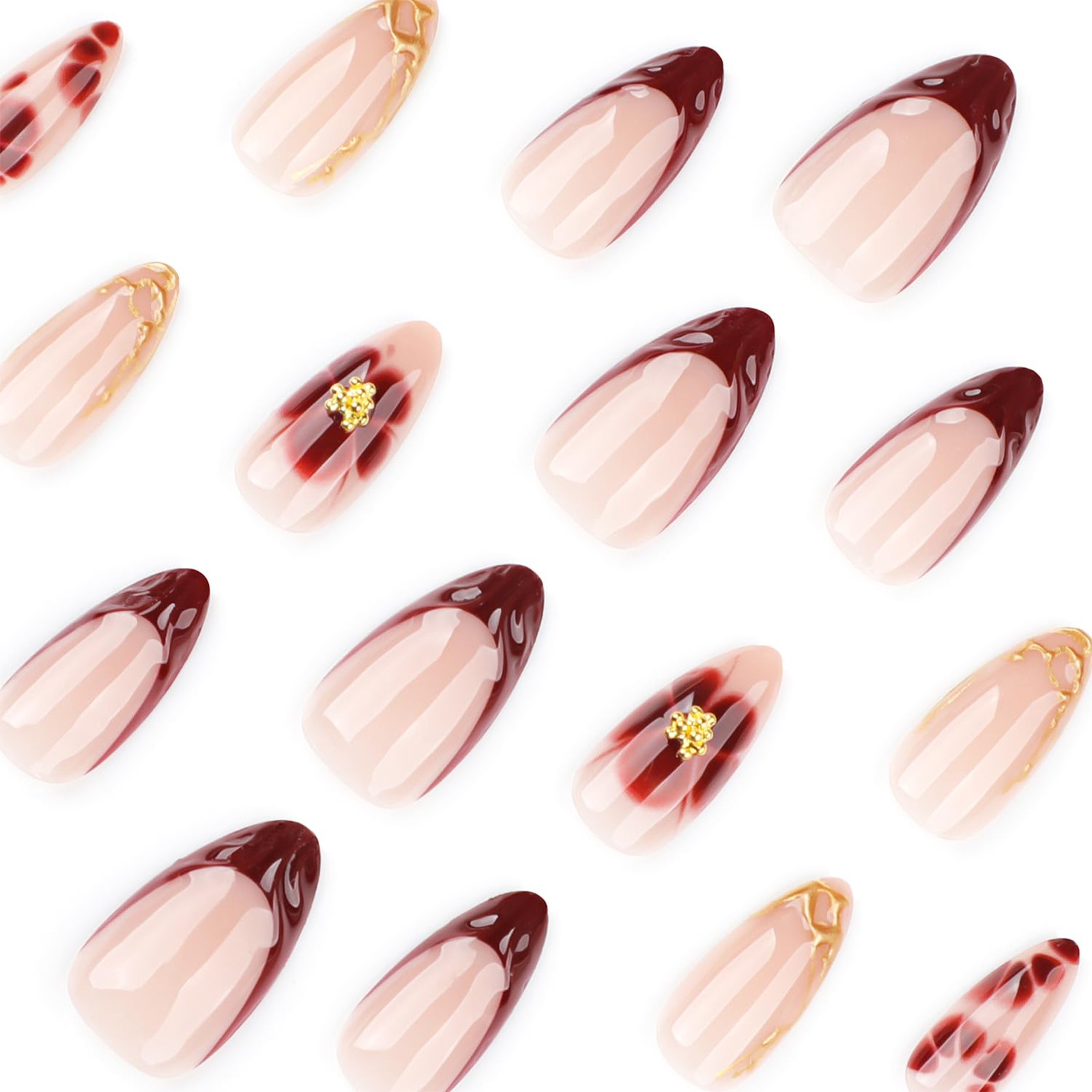 French Tip Press On Nails Short Almond Red 24 Pieces with 3D Gold Bead Designs