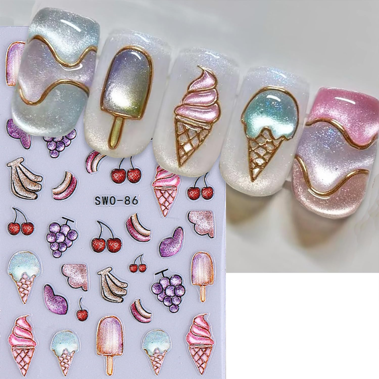 6 Sheets Fruit Nail Art Stickers Decals for Women | Lemon Strawberry Blueberry B