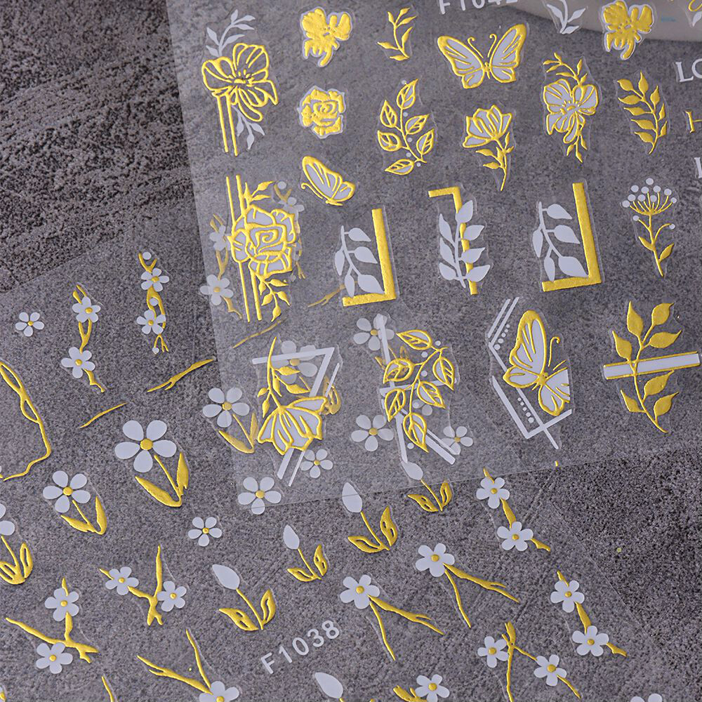 Daisy Flower Leaf Lines Nail Stickers Butterfly Love White Gold Flowers Branch