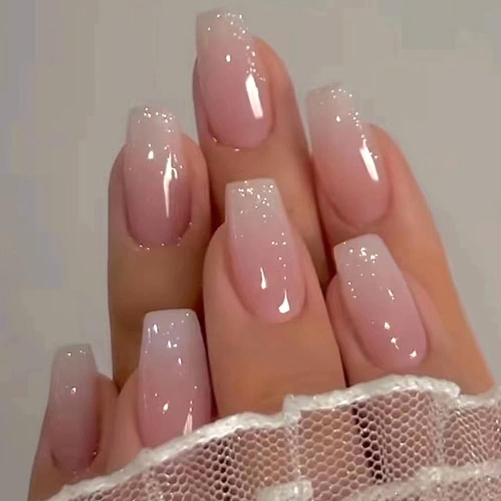 30 Pcs Ombre Pink-White Coffin Press-On Nails with Glitter – Glam Up Instantly