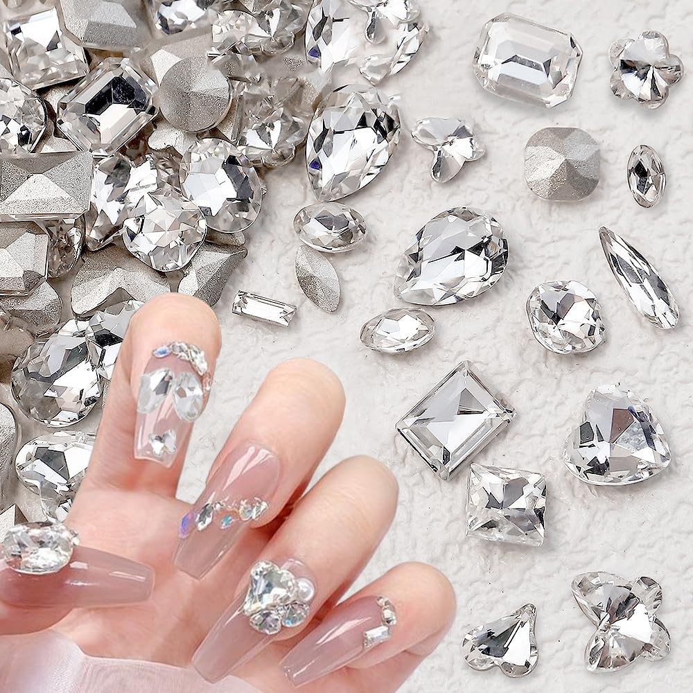 48Pcs Clear White 3D Nail Rhinestones Charms, Heart Butterfly Star Flower