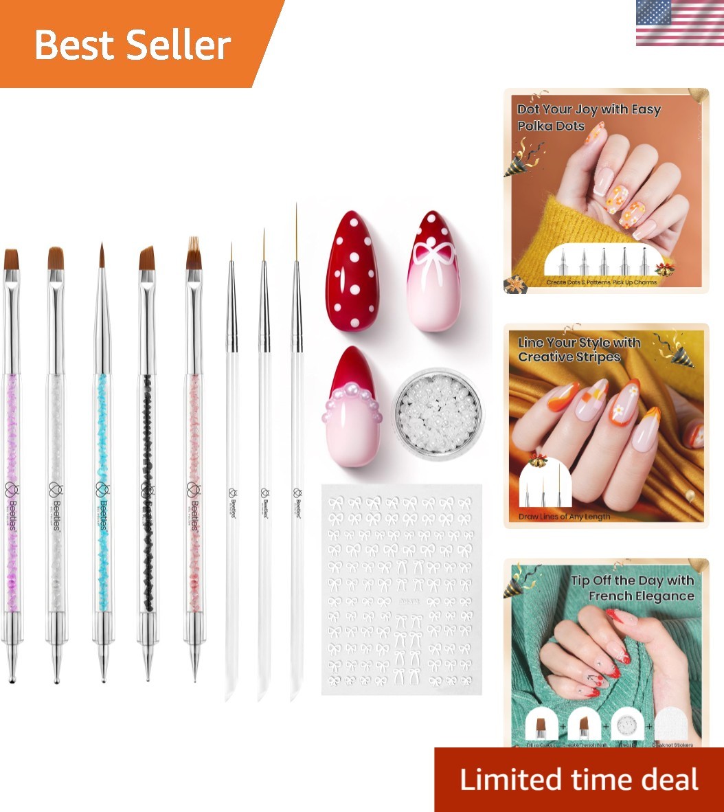 Luxury 8 Piece Nail Art Brushes with Stickers and Pearls for Home Salon