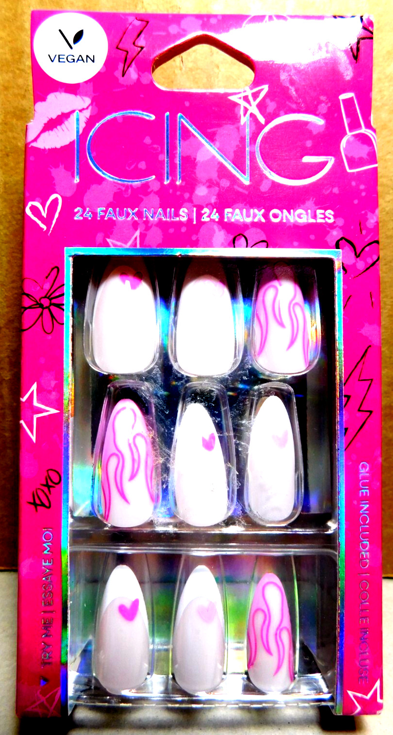 CBI Distributing Corp~Icing 24 Faux Nails Vegan BH.AN Pink & White Hearts&Flames