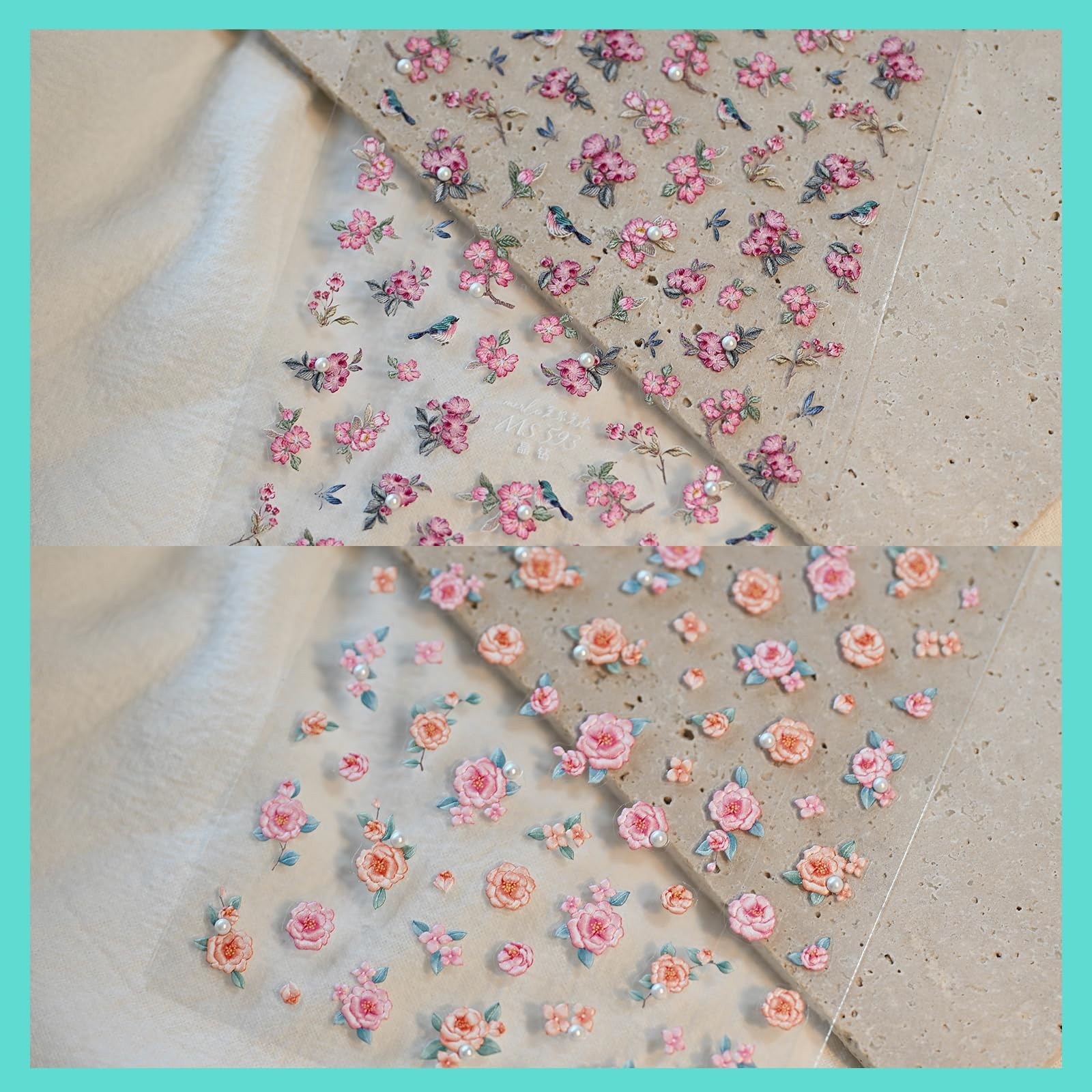 Flower Rose Bird Nail Art Stickers Pearl Rhinestones Embossed Vintage Nail De…