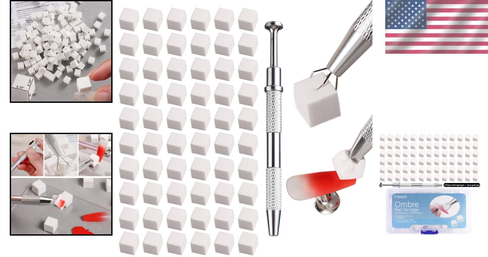 Compact Ombre Nail Sponge Set with Grabbing Pen – 100 Perfectly Sized Sponges