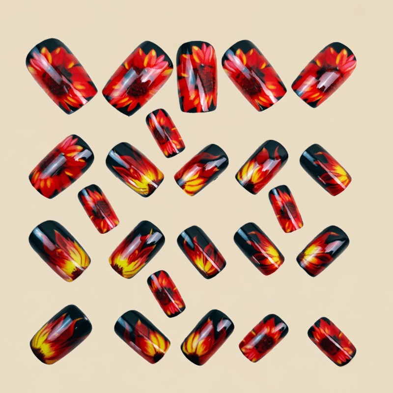48 Pieces of Black Base Flame Sunflower Fake Nails – Removable Nail Art