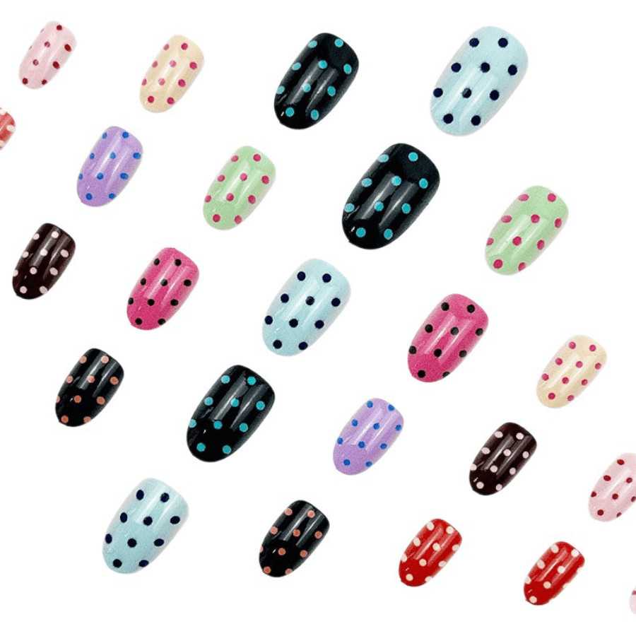 48pcs Oval Press on Nails, Multicolor Polka Dot Glossy Y2K Trendy Nail Art