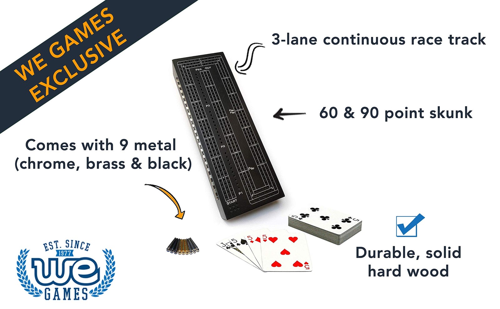 WE Games 3 Player Wood Cribbage Set – Easy 10 x 3.5 x 1.5 inches, Black Stain