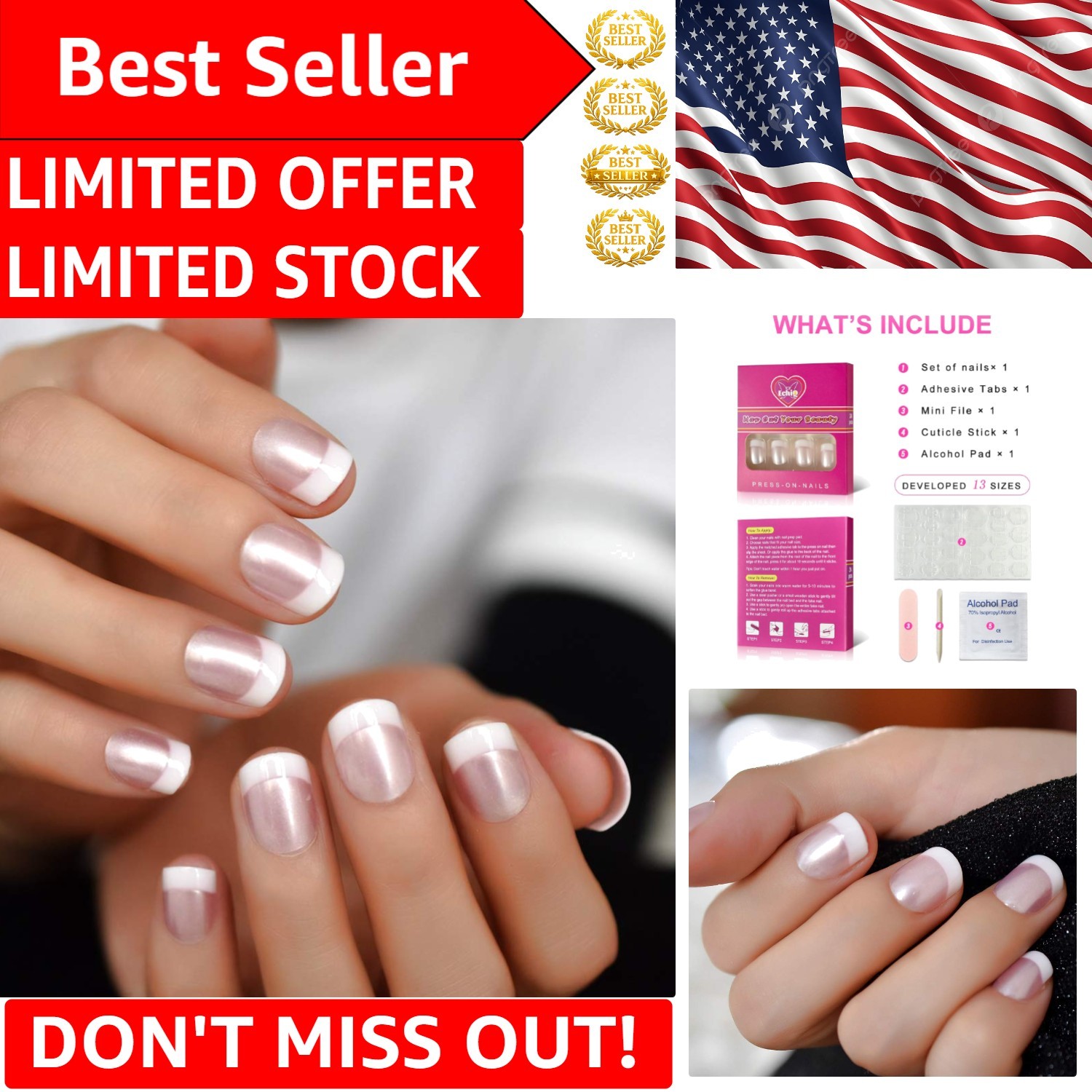 Short Glossy Press On Nails with White French Tips – Easy Application Set