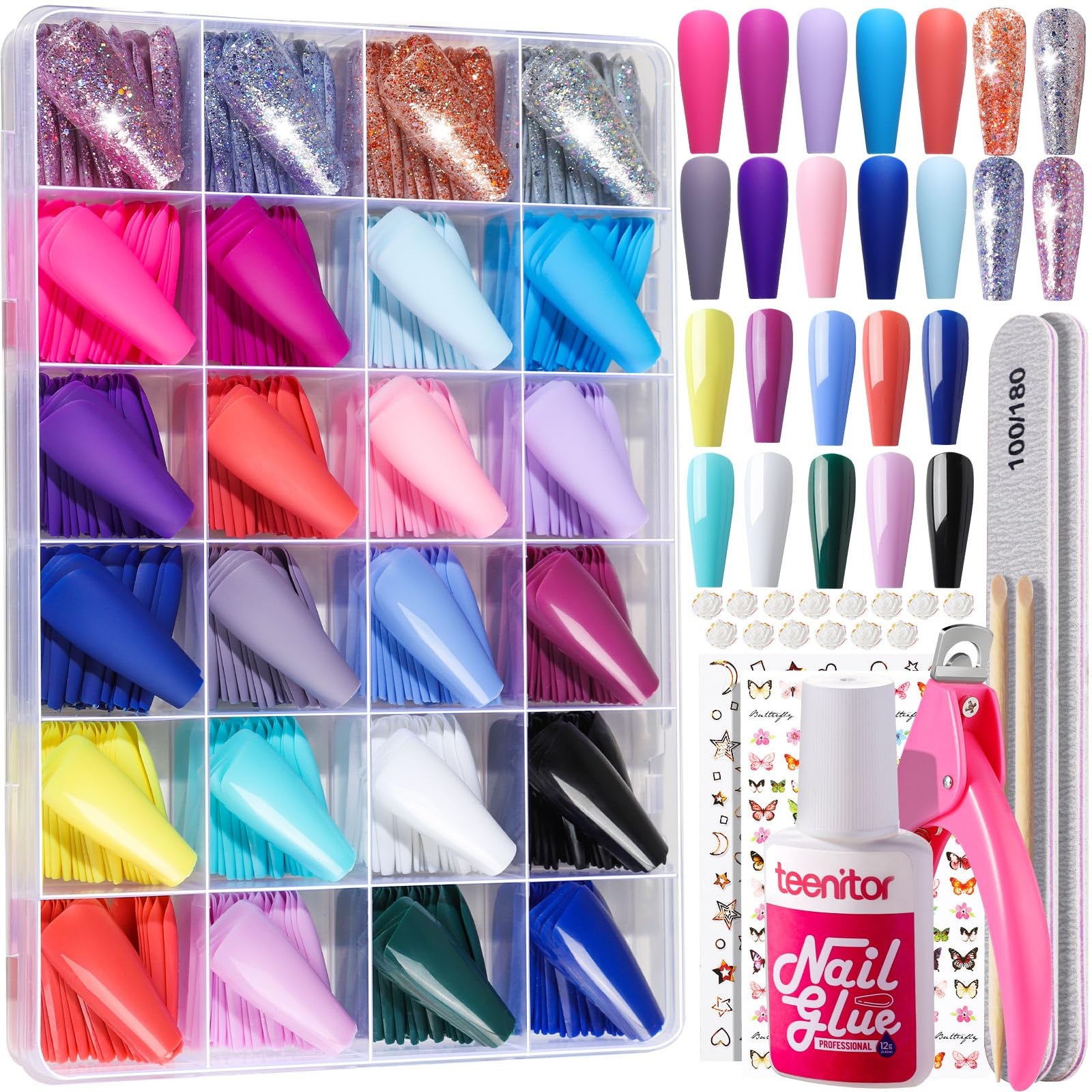 Long Fake Nails Kit – 10 Colors Matte & Glossy, 4 Glitter Press On Nails