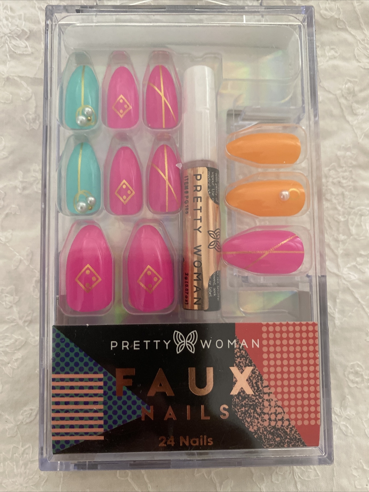 Pretty Woman Faux Nails Pink Teal Pearl Bling Glue On Almond Summer 24